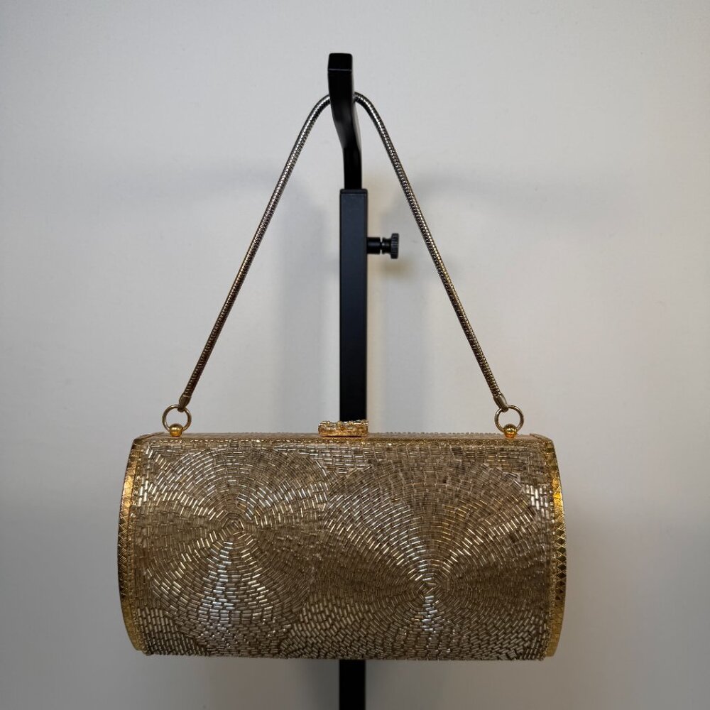 Vintage 50s Gold Beaded Minaudière Clutch Evening Bag Purse - Picture 6 of 16